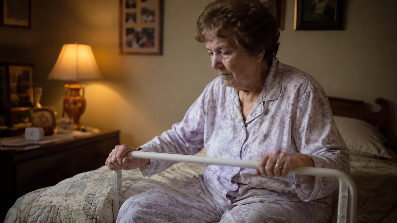 Older woman sitting on the edge of the bed, both hands gripping the assist bar handle as she prepares to stand