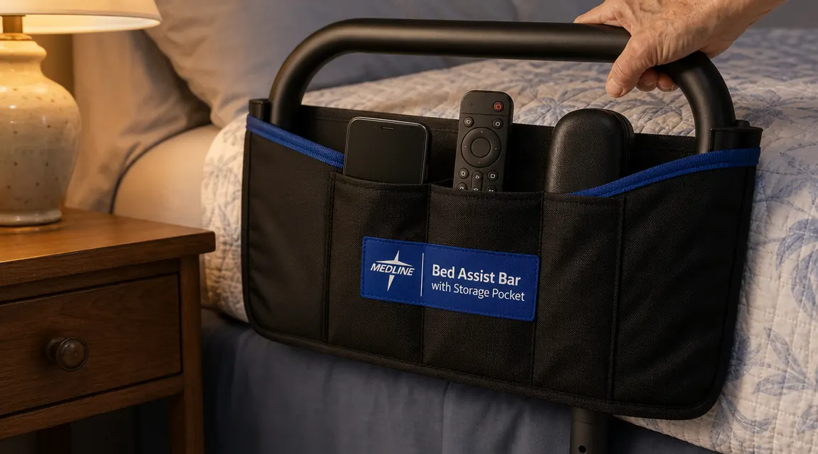 The storage pocket on the Medline bed assist bar holding a phone, TV remote, and glasses case within reach of the pillow