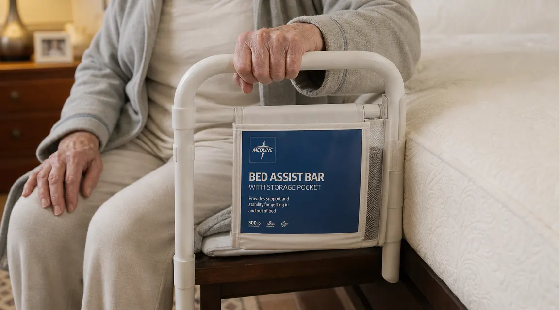 Elderly woman's hand resting on a bed assist bar as she prepares to stand up from the edge of a bed