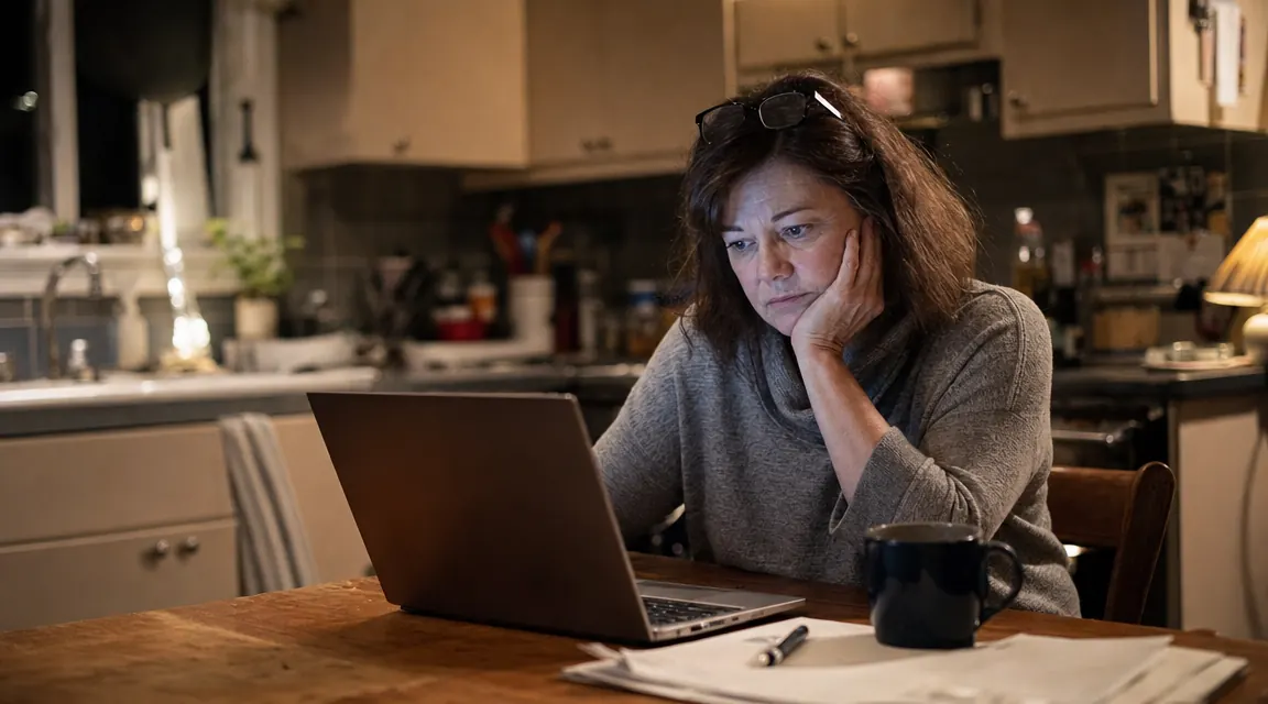 Adult daughter sitting at a kitchen table at night with a laptop open, tired but focused, the glow of a screen on her face