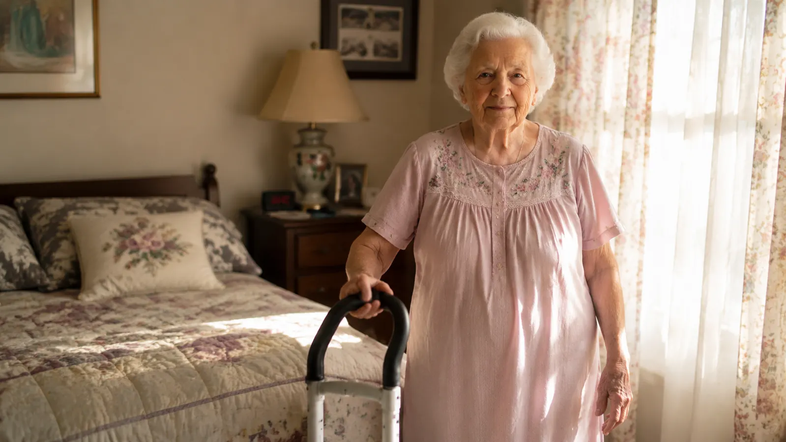 Elderly woman standing beside her bed in morning light, one hand lightly on a bed rail, relaxed and steady