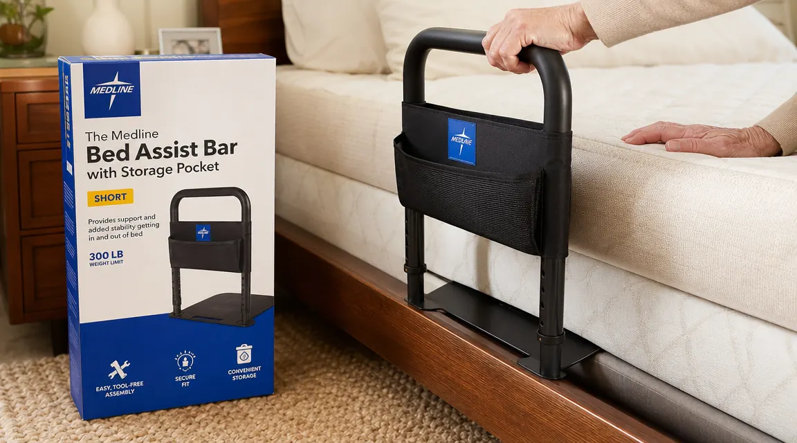 Close-up of the Medline bed assist bar clipped under a mattress, height adjustment visible