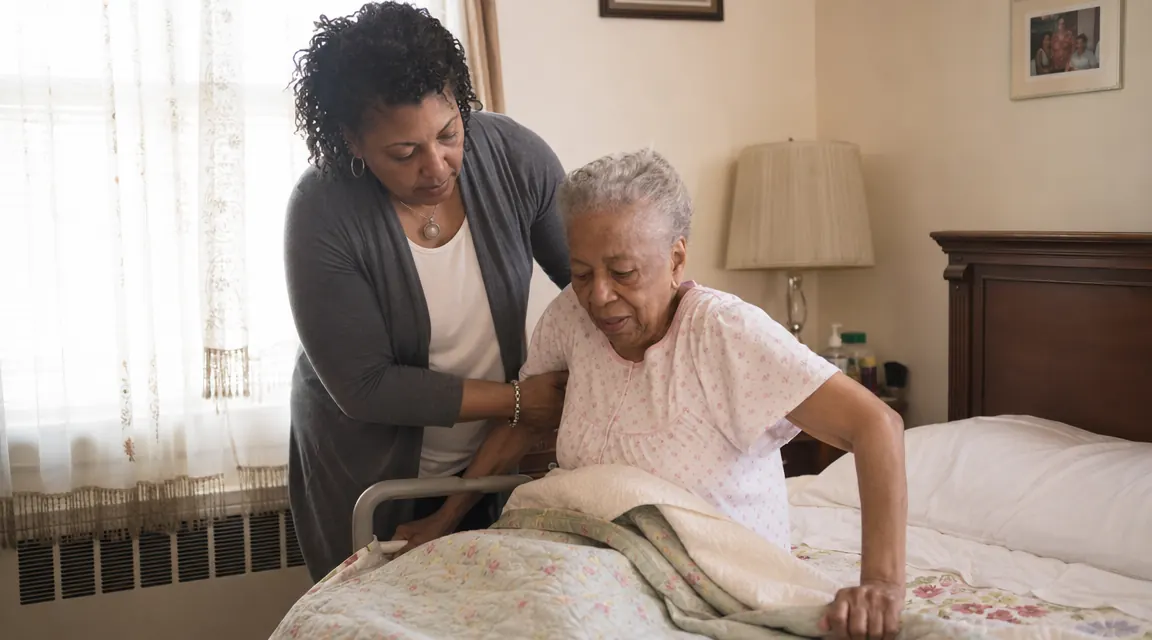 Adult daughter helping her elderly mother stand from bed, mother using a bed rail as a handle