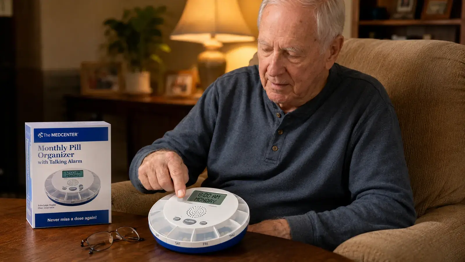 Elderly man pressing a button on a talking pill organizer, digital display lit up, sitting in a living room chair