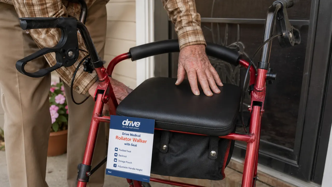 Close-up of a hand resting on the padded seat of a Drive Medical red rollator walker, parked near a front door