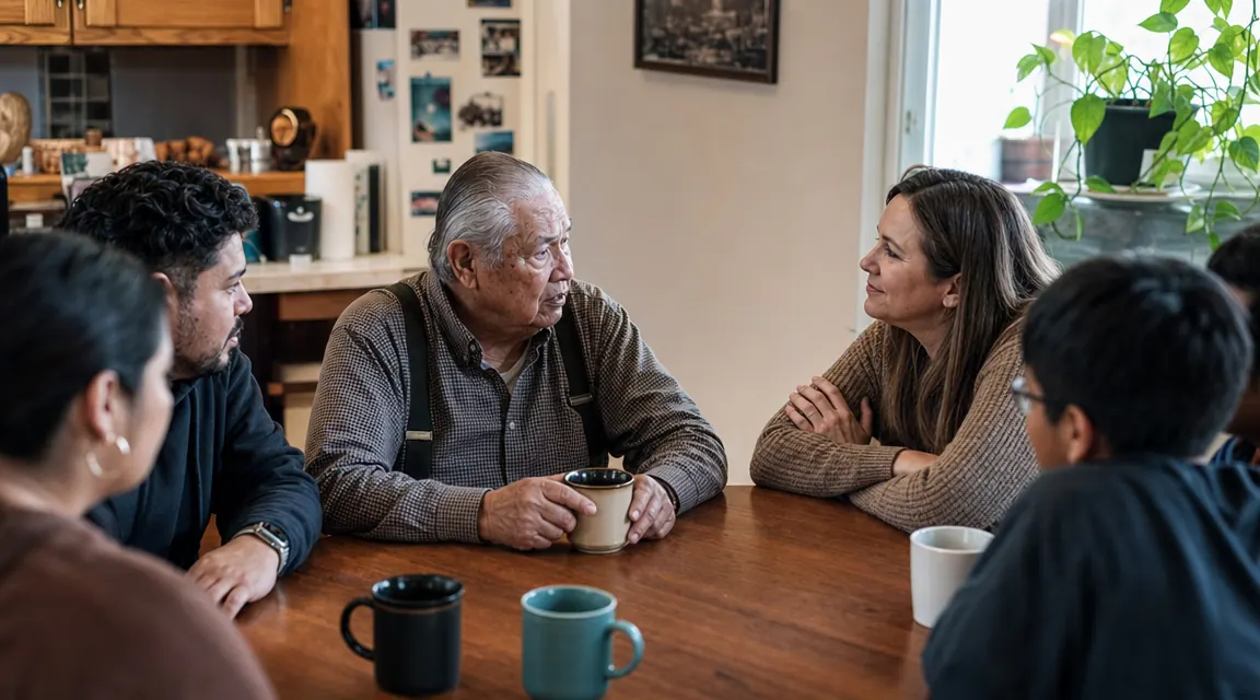 A family sitting around a kitchen table talking, an older man at the head of the table, an adult daughter leaning forward attentively