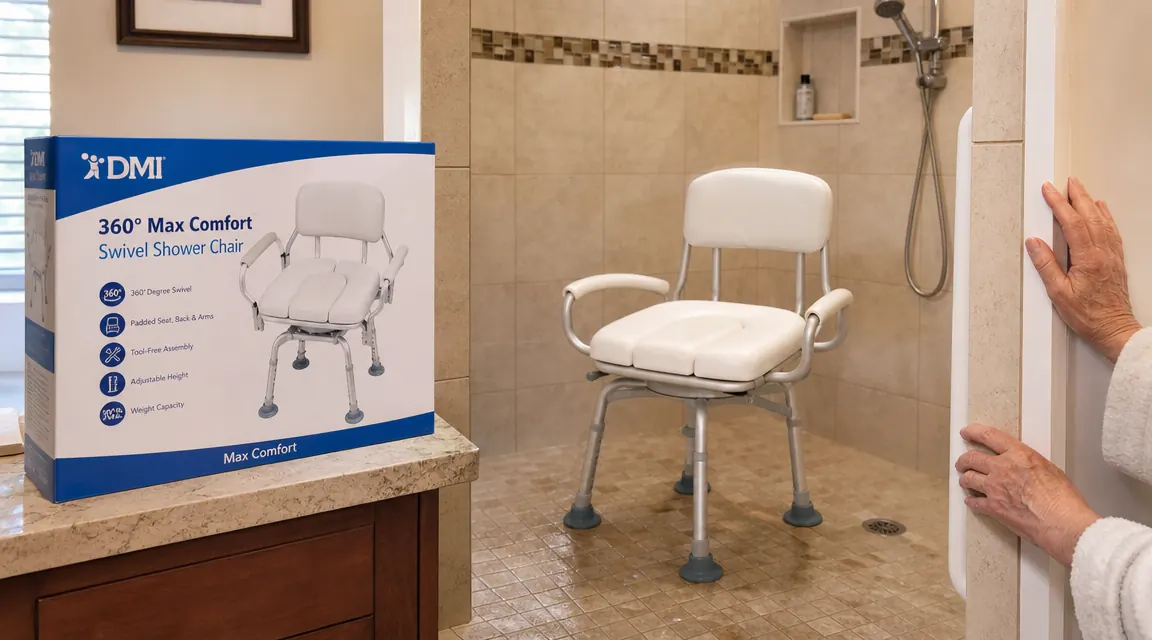 DMI 360 swivel shower chair with padded seat shown in a walk-in shower, non-slip feet visible