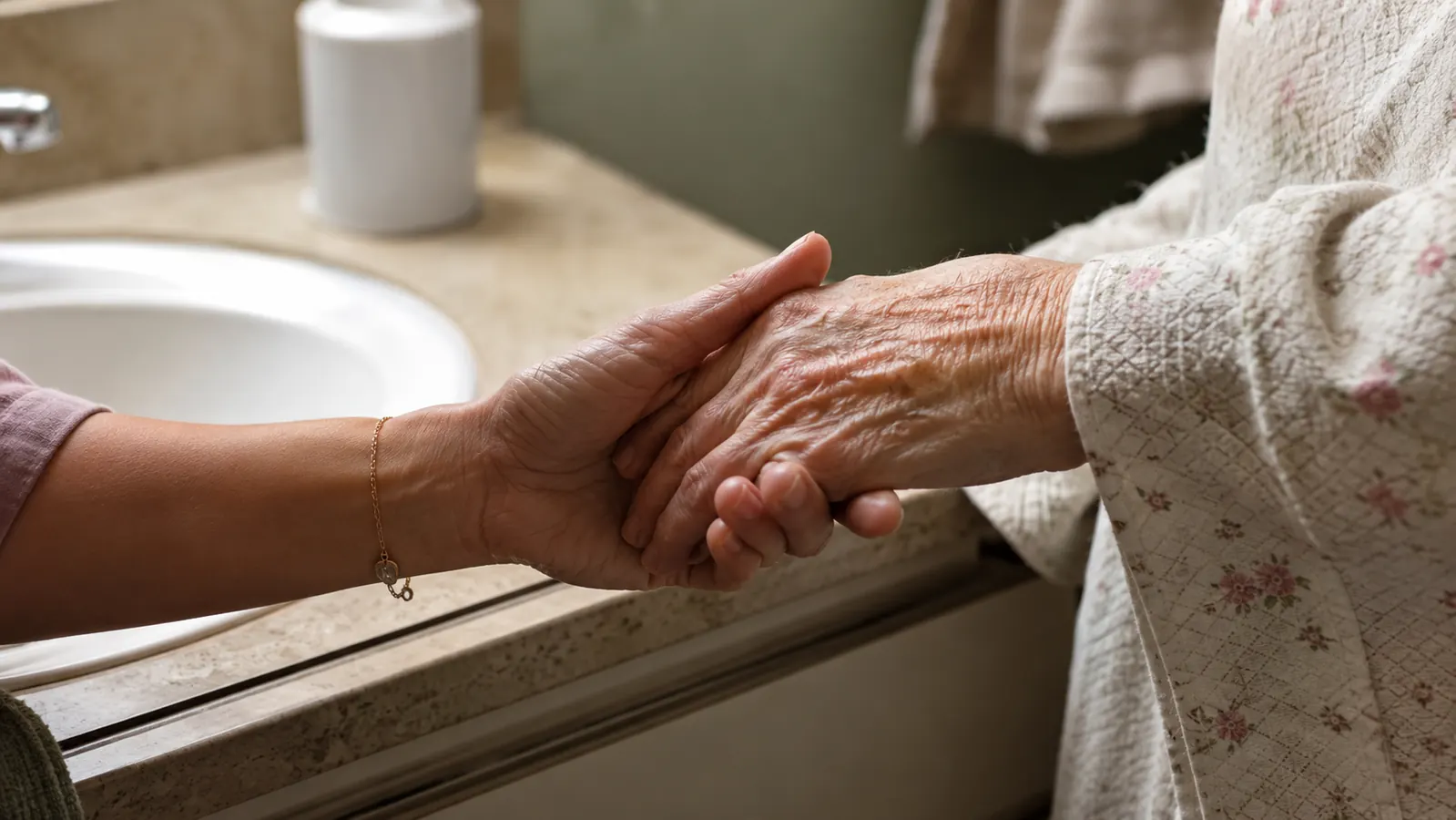 Caregiver holding hand of seated elderly mother in a bathroom, both looking relaxed and calm