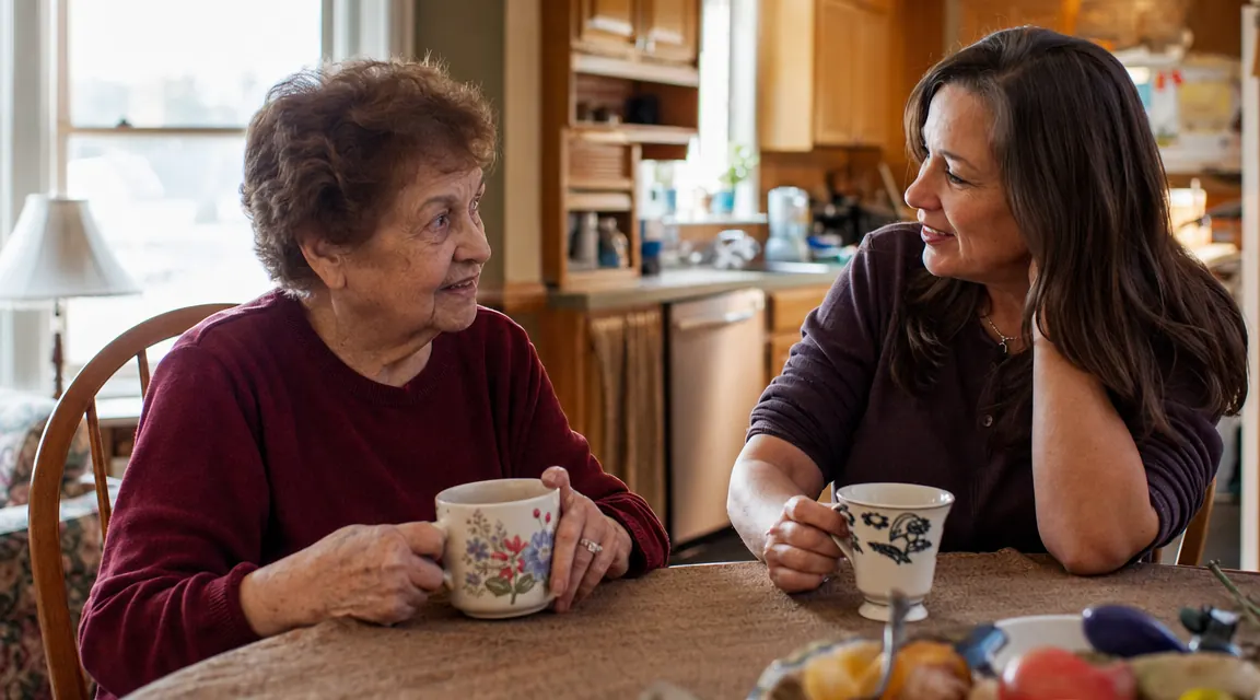 Two women sitting at a kitchen table sharing coffee, one older and one middle-aged, in easy conversation